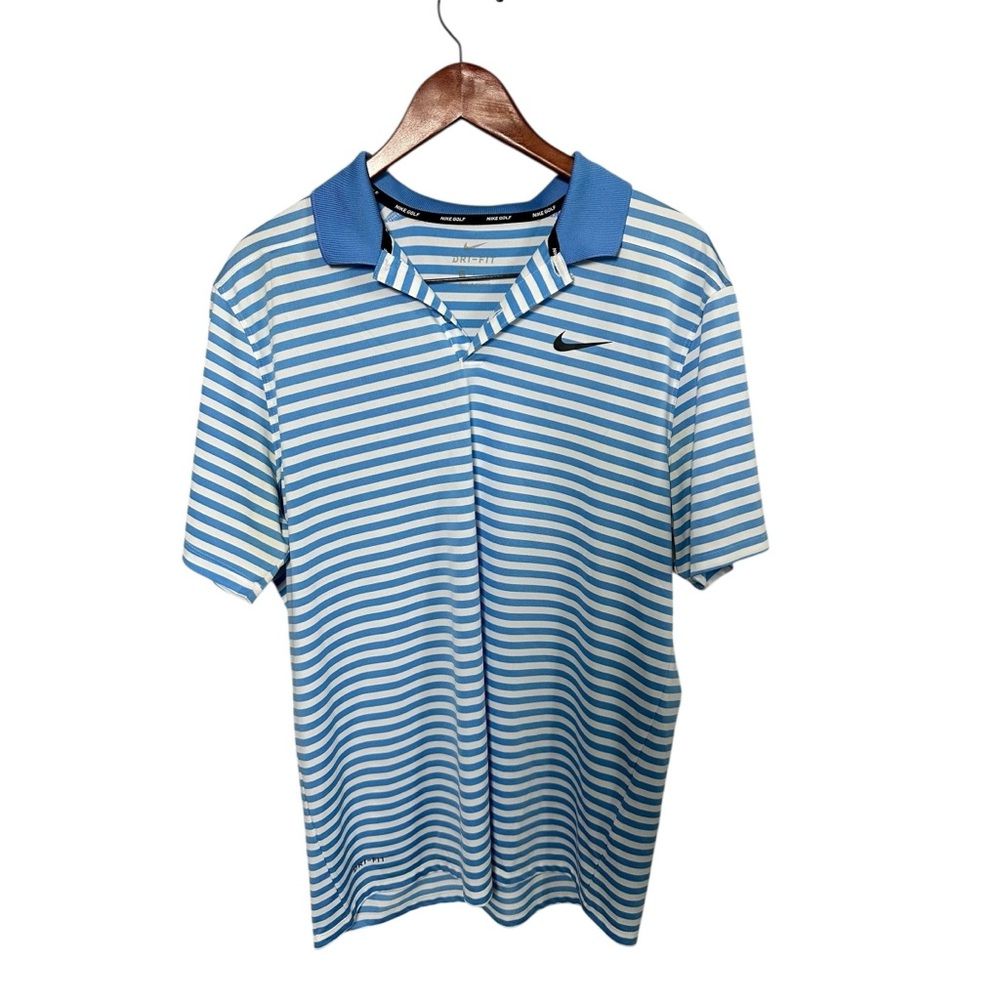 Nike Blue and White Striped Polo Shirt L